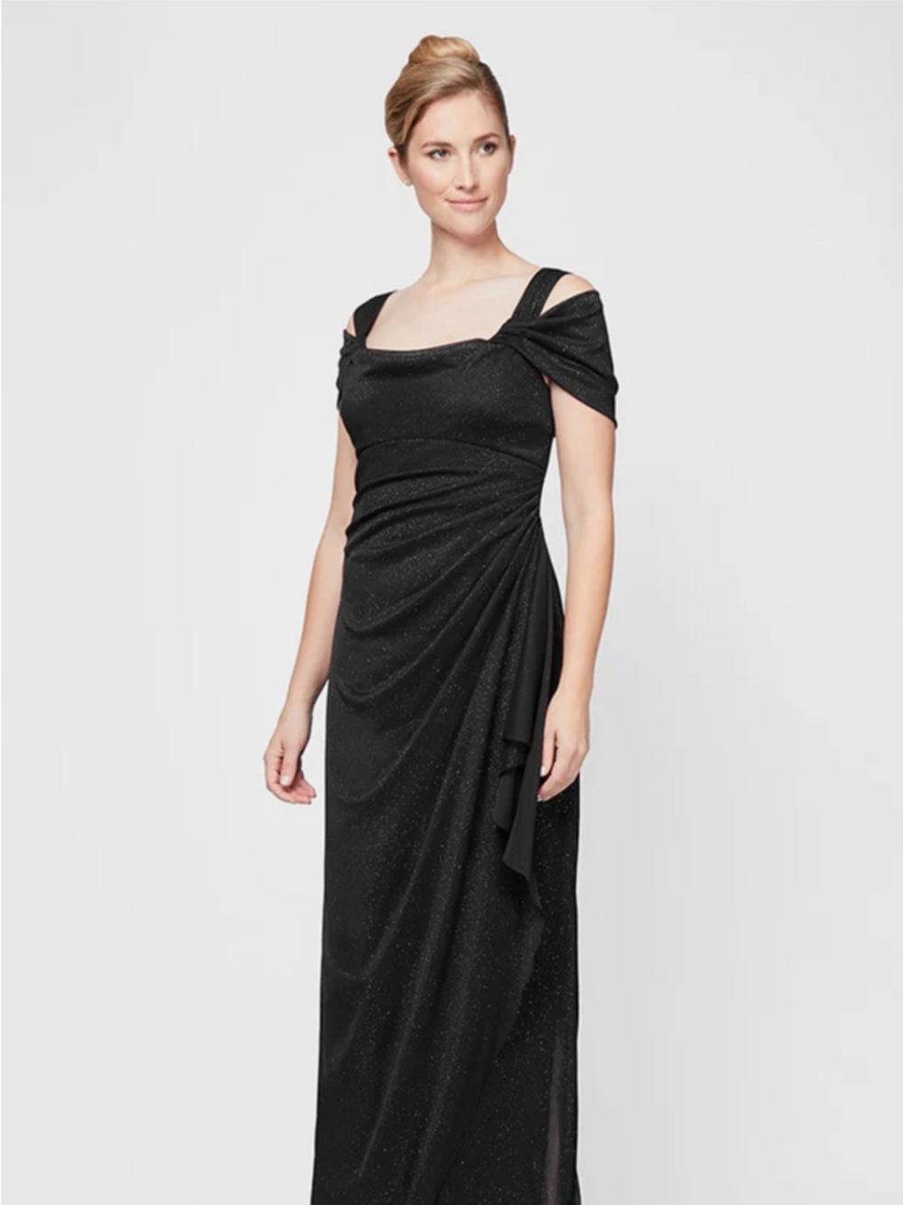 Alex Evenings Black One-Shoulder Sparkle Draped Gown
